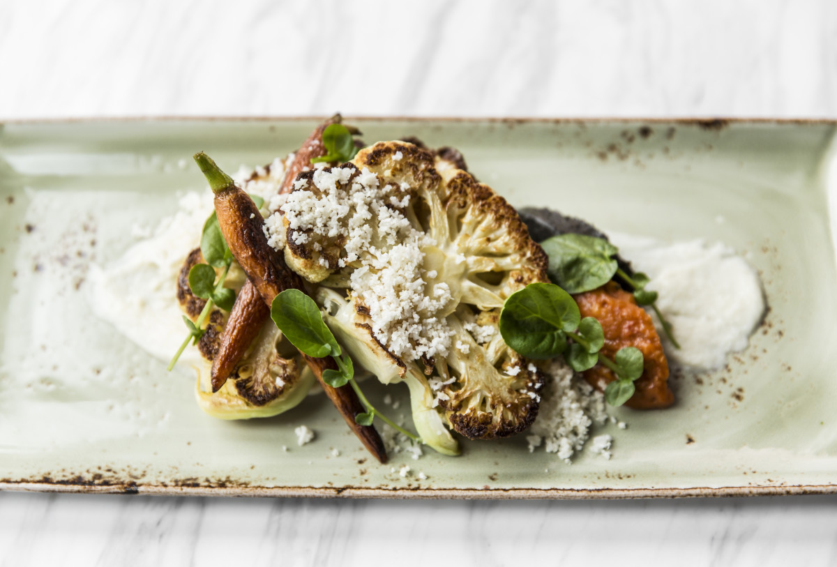 Recipe Grilled Cauliflower Steak with Charred Eggplant and Curried