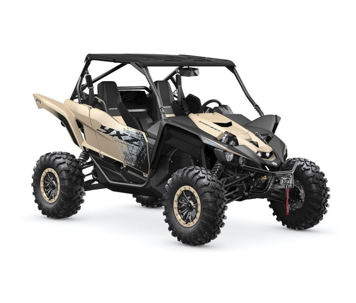 Tan and black Yamaha YXZ1000R SS XT-R side-by-side on a white background.