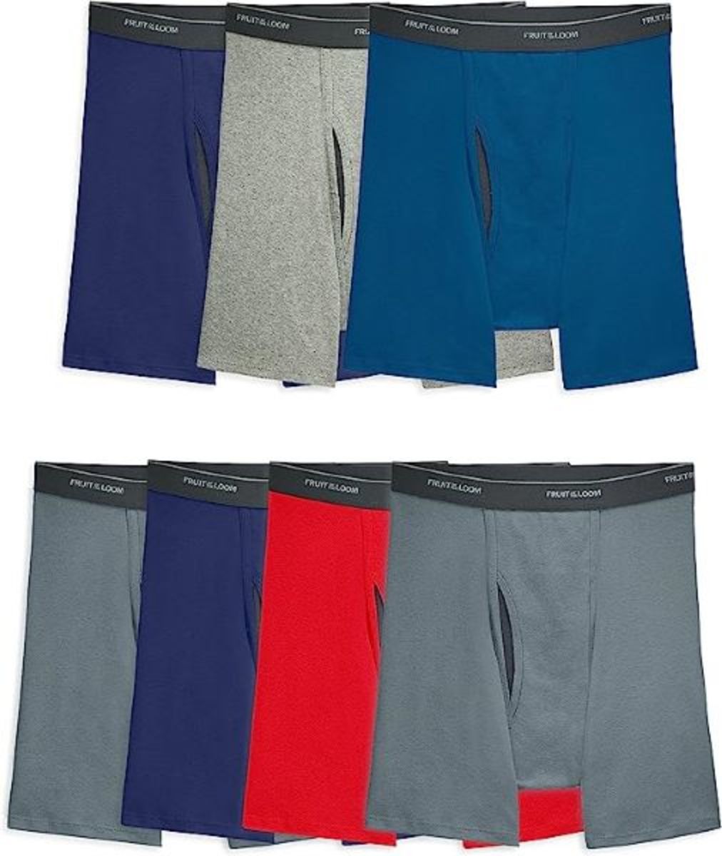 Boxer briefs in blue, gray, and red