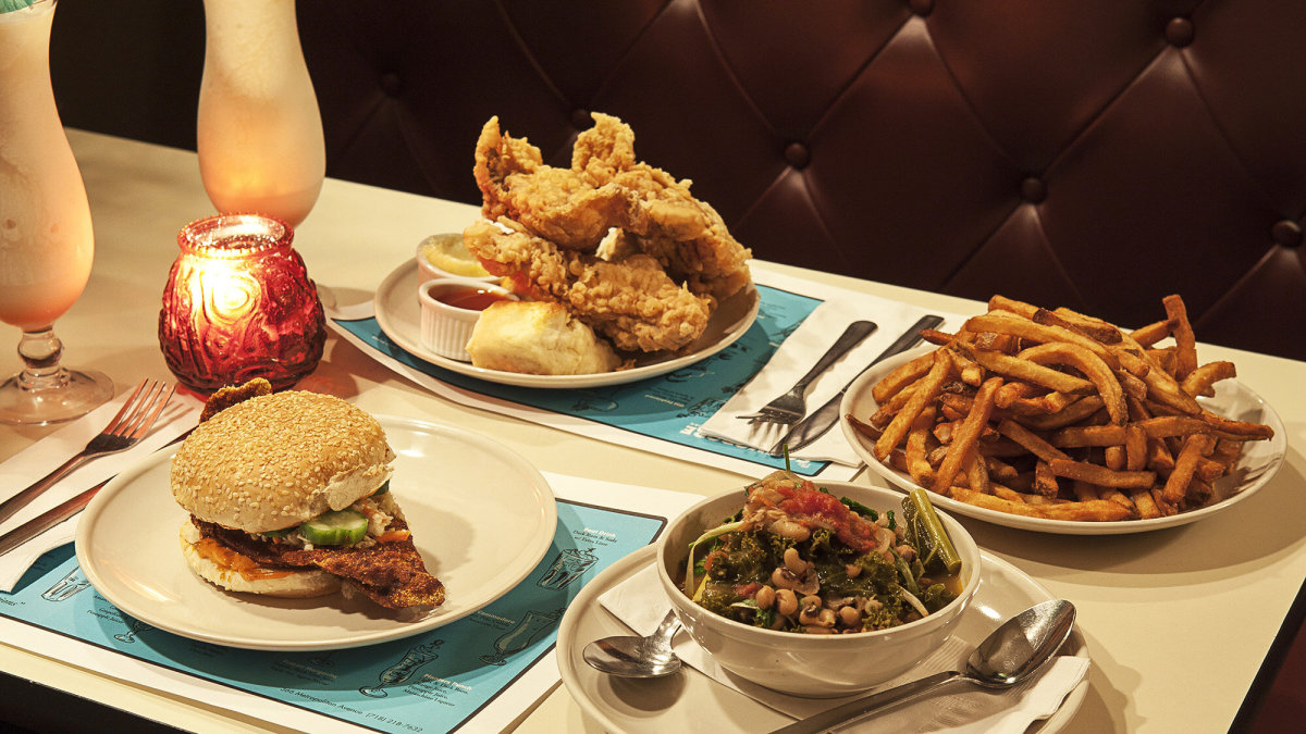 Fried chicken and sweet potato fries available at The Commodore in Brooklyn, NY