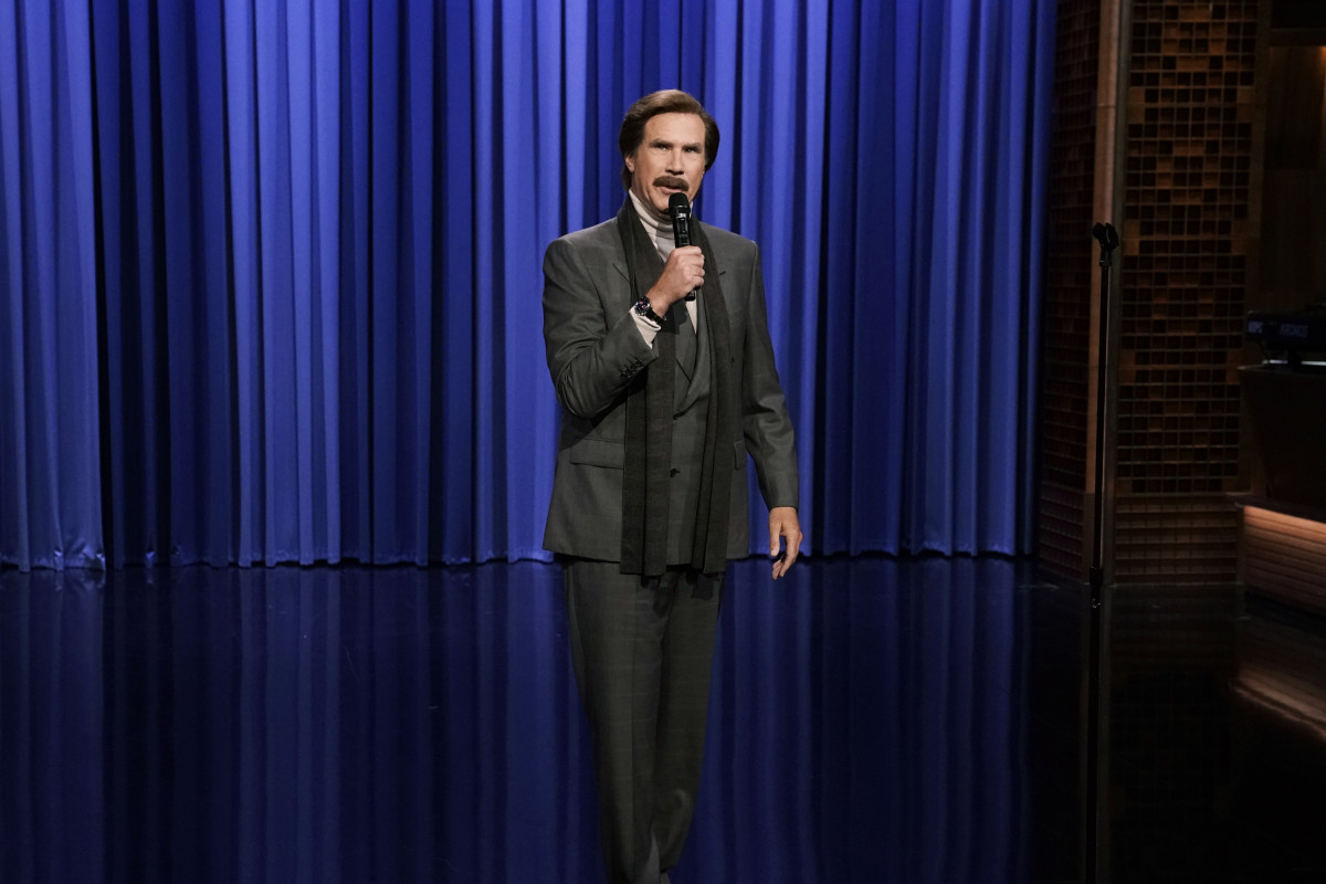 THE TONIGHT SHOW STARRING JIMMY FALLON -- Episode 1105 -- Pictured: Anchorman, Ron Burgundy (Will Ferrell), performs standup comedy on August 8, 2019 -- (Photo by: Andrew Lipovsky/NBC)