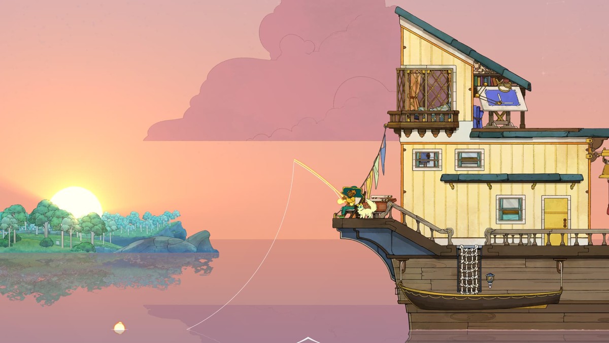 A Spiritfarer screenshot showing the main character fishing from the back of a boat