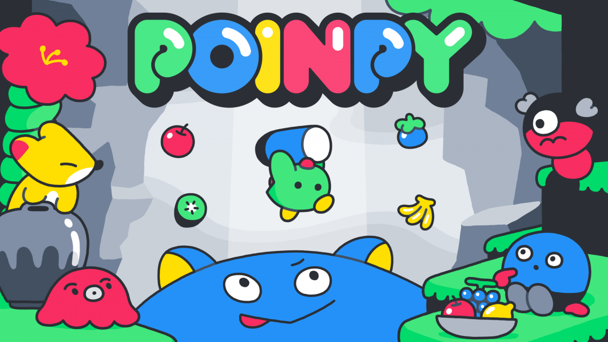 Key art for Poinpy, showing the main character surrounded by fruit and monsters