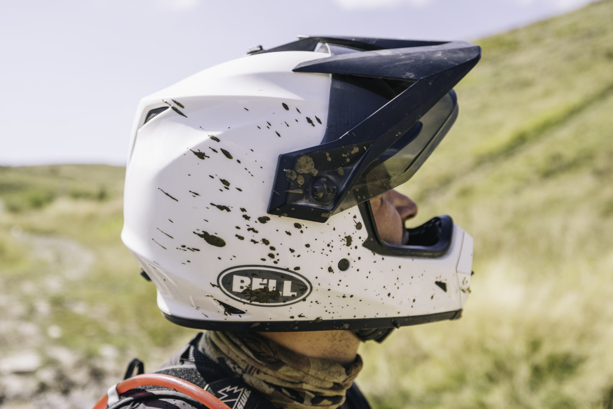 Bell helmet splattered in mud along pit stop on Silk Road