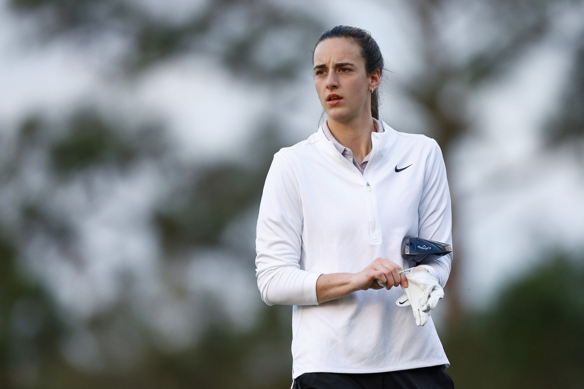 BELLEAIR, FLORIDA - NOVEMBER 13: Caitlin Clark, professional basketball player, prepares to play her shot from the second tee during a Pro-Am prior to The ANNIKA driven by Gainbridge at Pelican 2024 at Pelican Golf Club on November 13, 2024 in Belleair, Florida. (Photo by Douglas P. DeFelice/Getty Images)