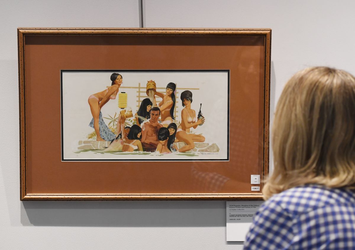 A original painting for the poster art of the James Bond movie "You Only Live Twice" by artist Robert McGinnis that will be auctioned for an estimated $20-30,000.00 by Bonhams auctioneers on May 14 as part of the "Wonders of the Galaxy - Science Fiction and Fantasy in Film" auction in Hollywood, California on May 13, 2019. (Photo by Mark RALSTON / AFP) (Photo credit should read MARK RALSTON/AFP via Getty Images)