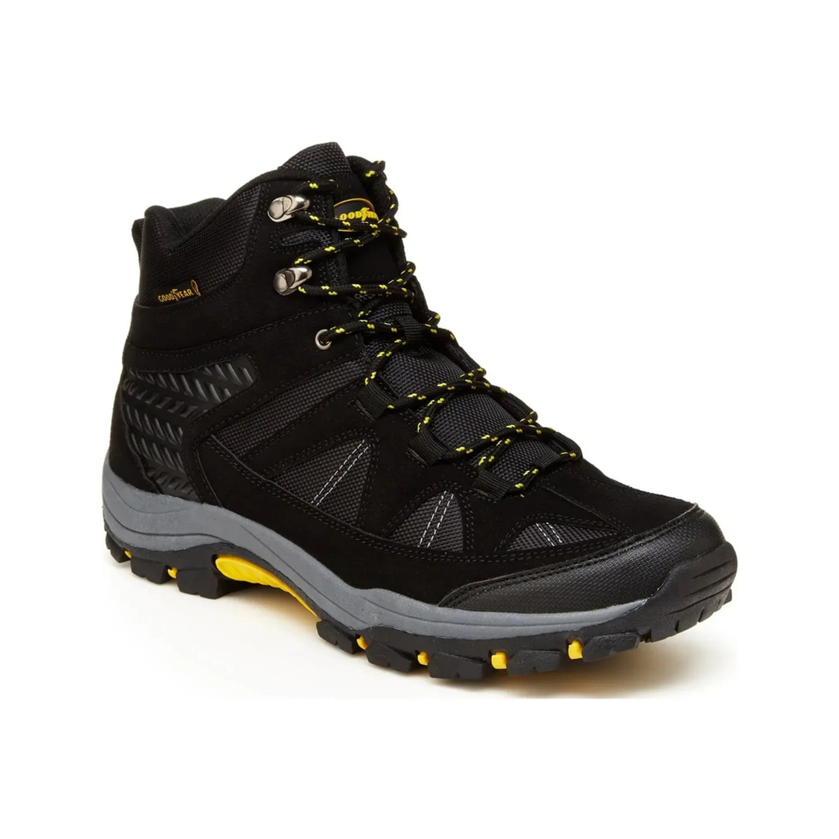The Goodyear Teton Hiking Boot in Black, pictured here, is on sale right now at Walmart.