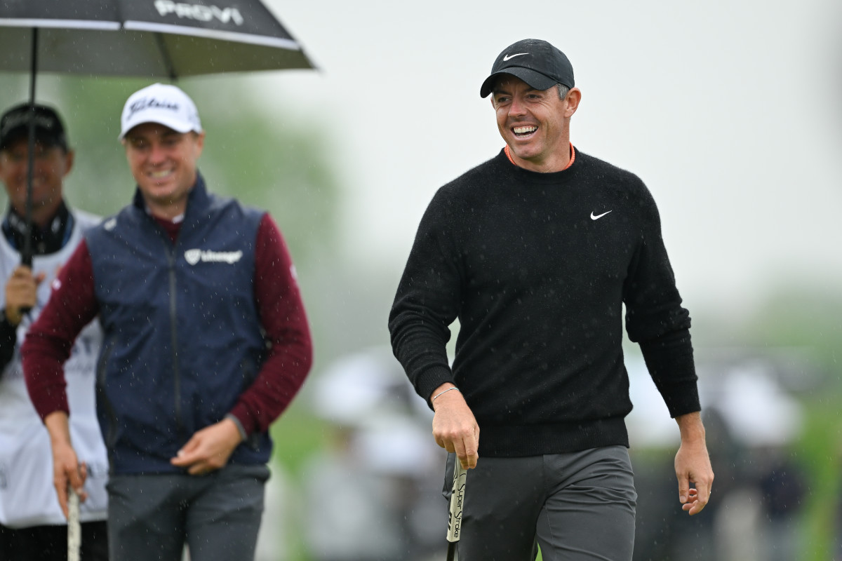 FLOURTOWN, PHILADELPHIA - MAY 09: Rory McIlroy of Northern Ireland laughs on the seventh green during the second round of Truist Championship at The Philadelphia Cricket Club (Wissahickon Course) on May 9, 2025 in Flourtown, Philadelphia. (Photo by Ben Jared/PGA TOUR via Getty Images)