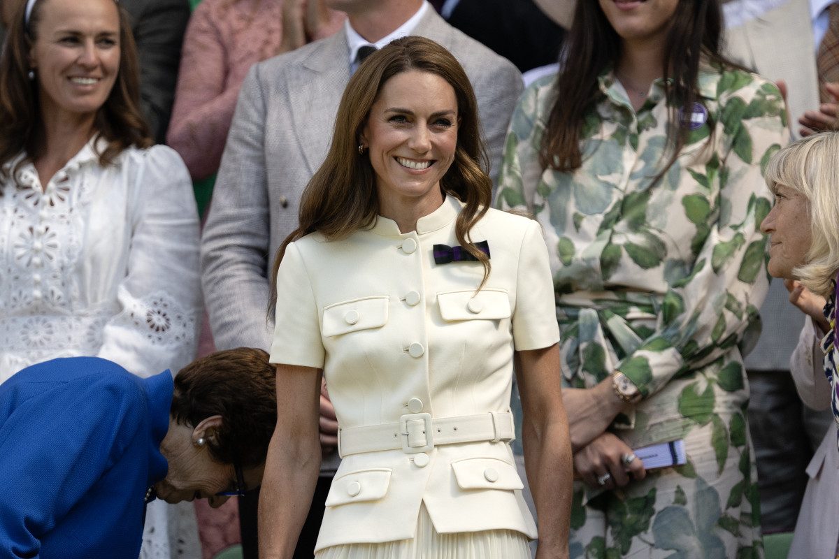 Catherine, Princess of Wales, smiles in the Royal Box prior to the the Ladies' Singles Final between Iga Swiatek of Poland and Amanda Anisimova of United States on day thirteen of The Championships Wimbledon 2025 at All England Lawn Tennis and Croquet Club on July 12, 2025 in London, England.