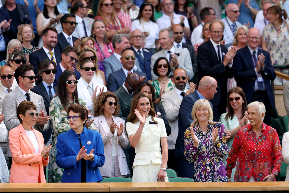 Catherine, Princess of Wales, Patron of The AELTC waves in the Royal Box prior to the the Ladies' Singles Final between Iga Swiatek of Poland and Amanda Anisimova of United States on day thirteen of The Championships Wimbledon 2025 at All England Lawn Tennis and Croquet Club on July 12, 2025 in London, England.