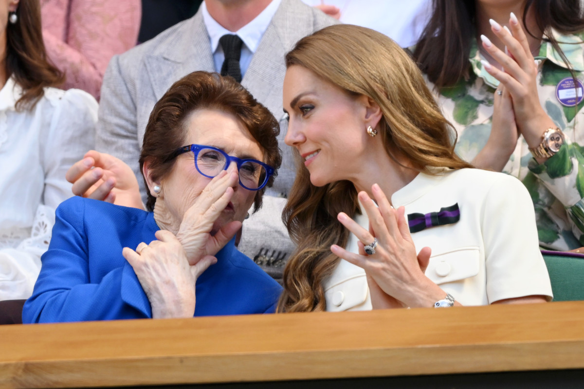 Billie Jean King and Catherine, Princess of Wales attend day thirteen of the Wimbledon Tennis Championships at the All England Lawn Tennis and Croquet Club at All England Lawn Tennis and Croquet Club on July 12, 2025 in London, England.