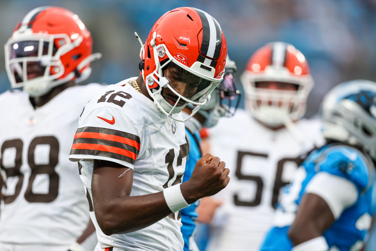 Shedeur Sanders of the Cleveland Browns reacts after a first down.