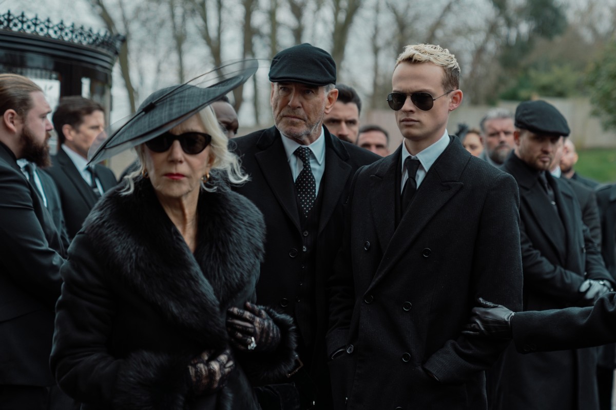 Helen Mirren as Maeve Harrigan, Pierce Brosnan as Conrad Harrigan, and Anson Boon as Eddie Harrigan.