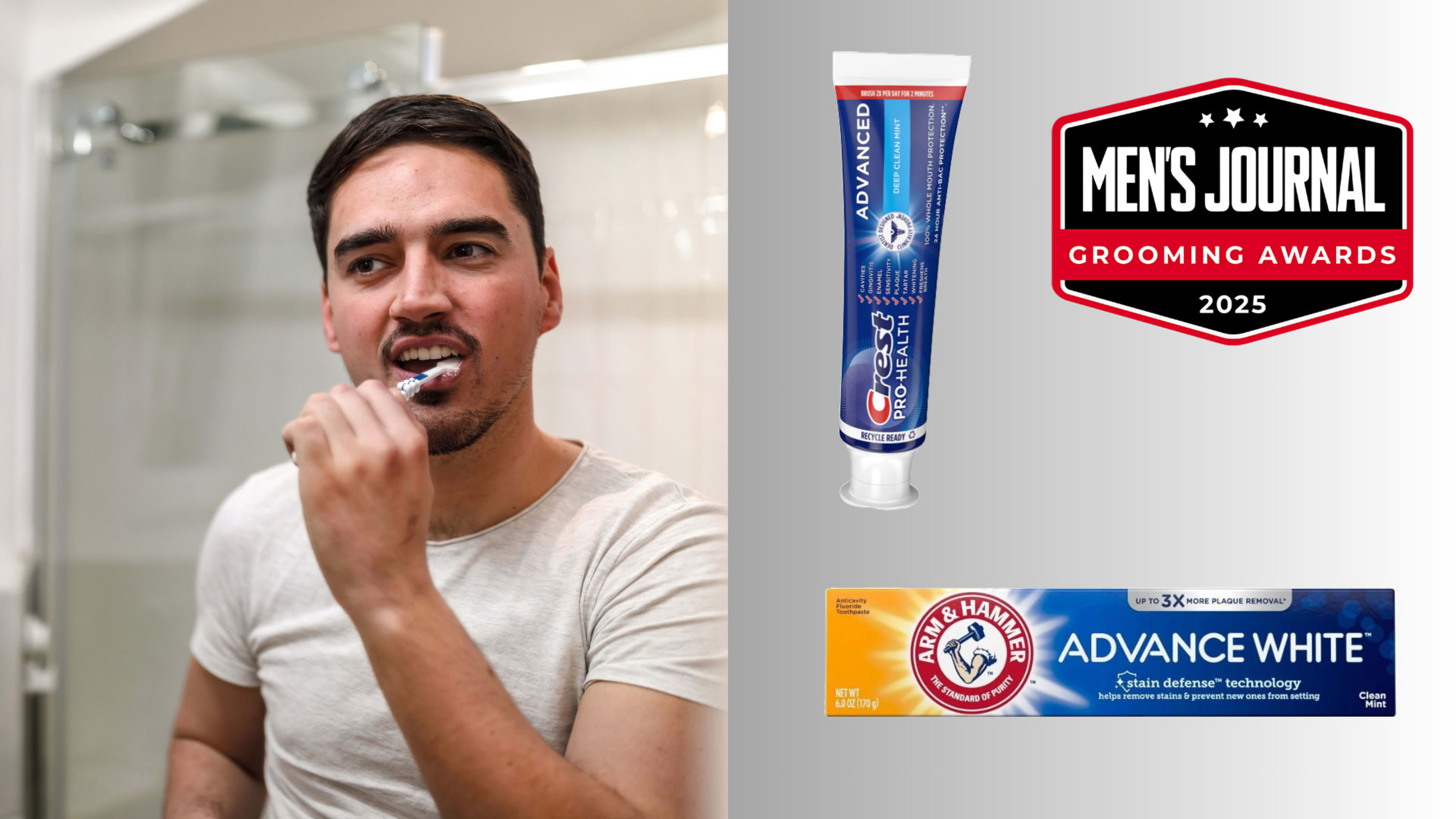 Man brushing his teeth with Crest Pro-Health and Arm & Hammer toothpaste visible