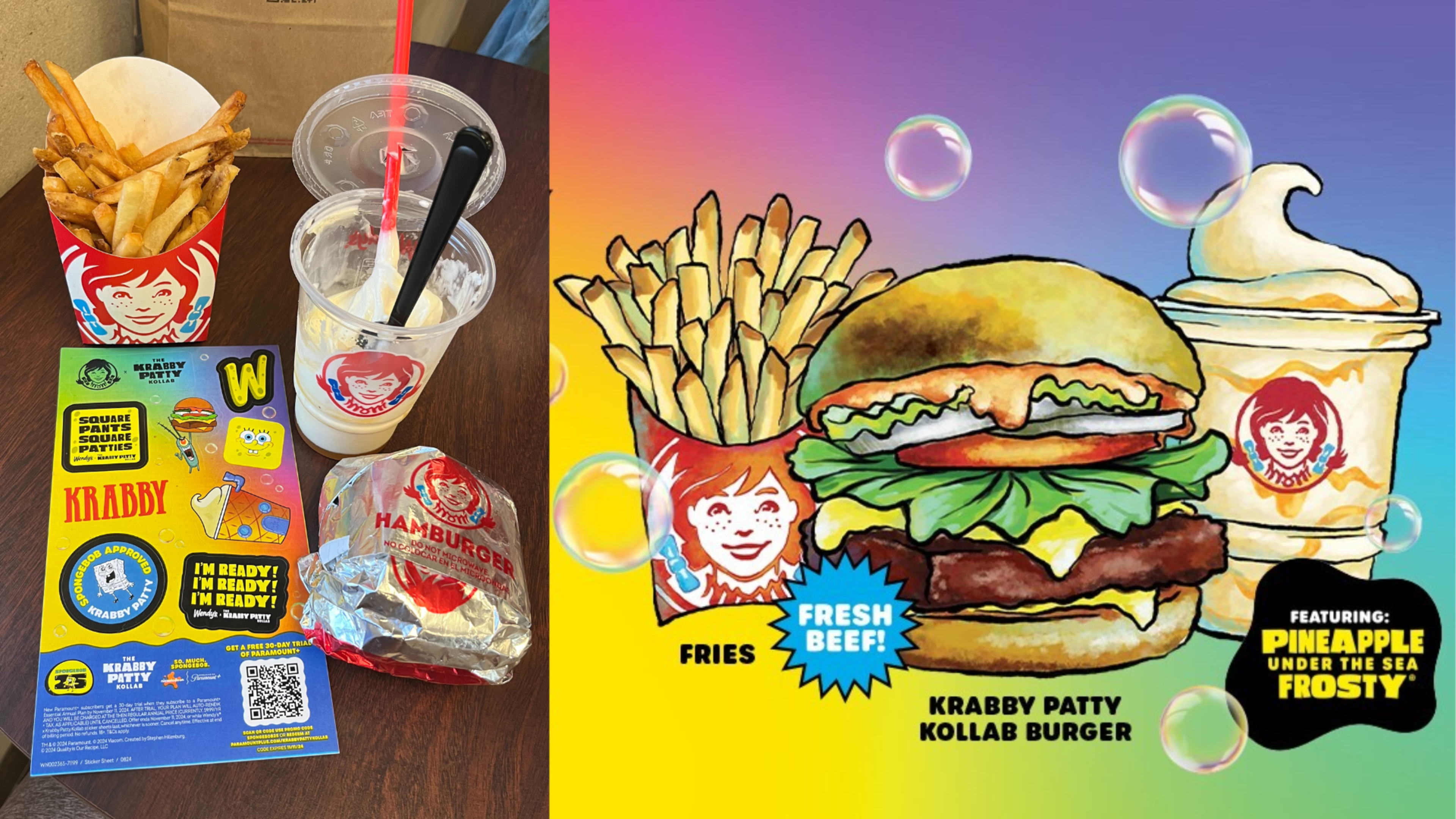 The Wendy's Krabby Patty Kollab Meal and a picture of its marketing, featuring a cartoon burger, shake, and fries.