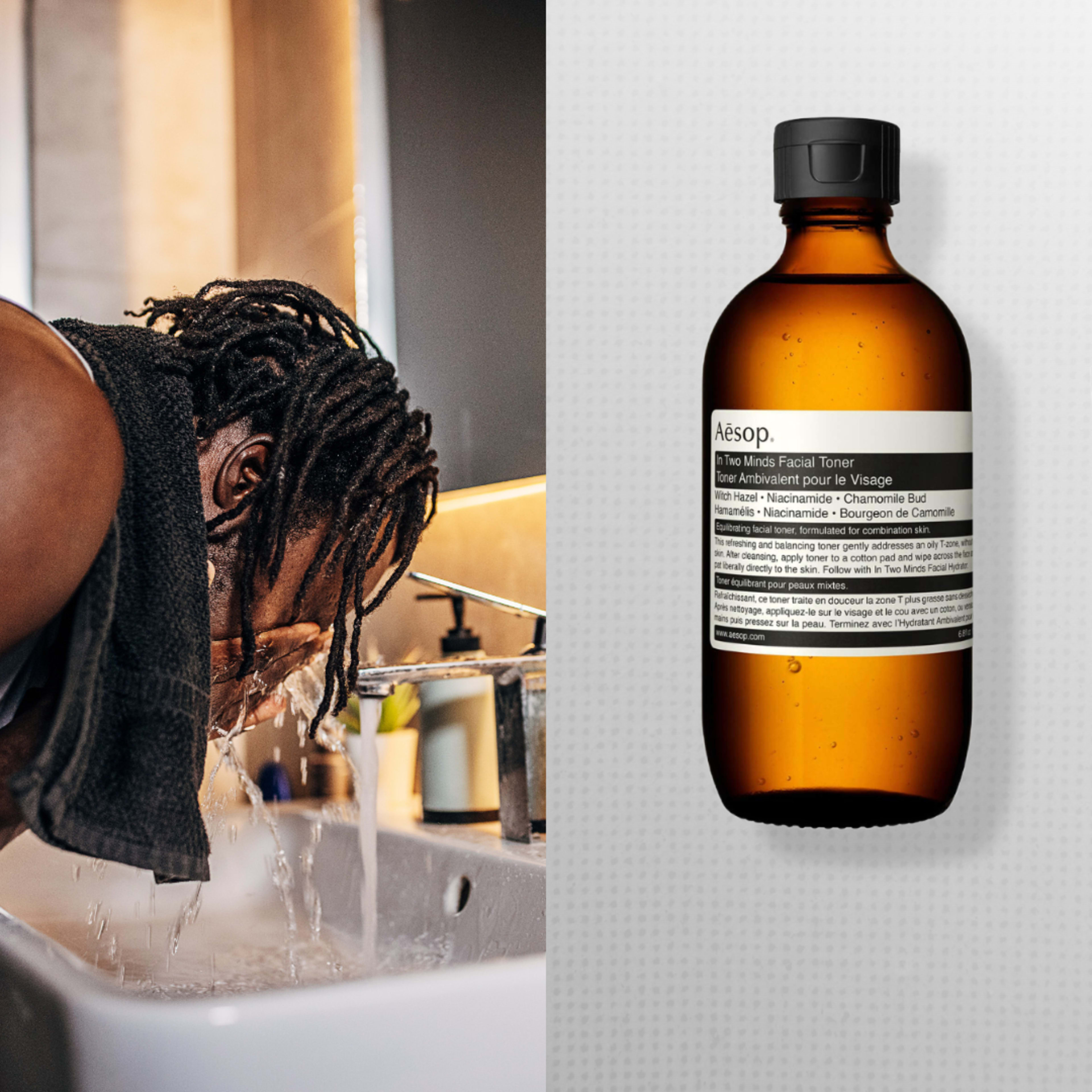 Image left depicts Black man washing his face in bathroom sink; image right depicts bottles of Aesop In Two Minds Facial Cleanser and Differin Maximum Strength Acne Foaming Cleanser—two winners in the best face wash for acne