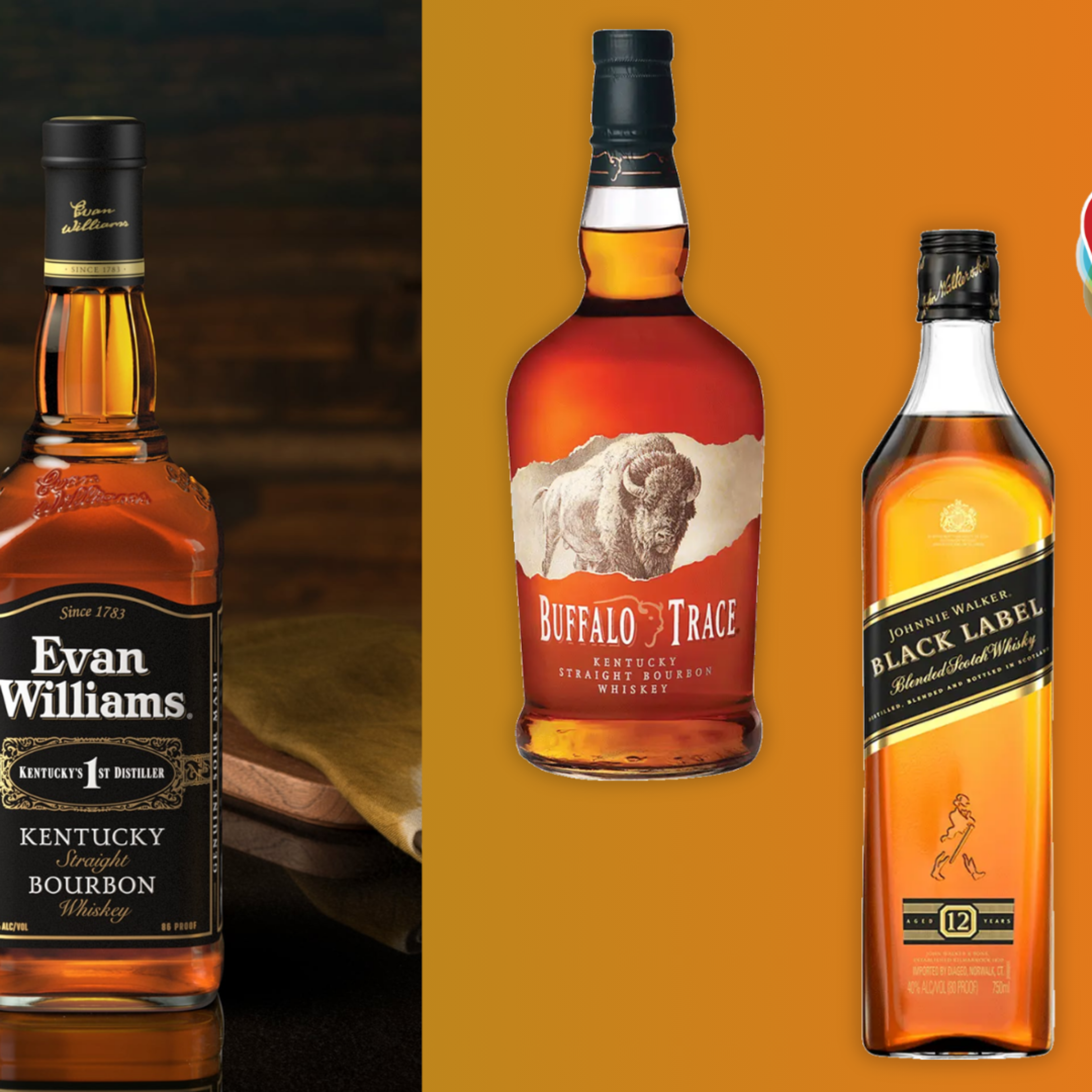 Lifestyle image of a bottle of Evan Williams and a Moscow Mule next to bottles of Buffalo Trace and Johnnie Walker and a Spirits Awards badge.