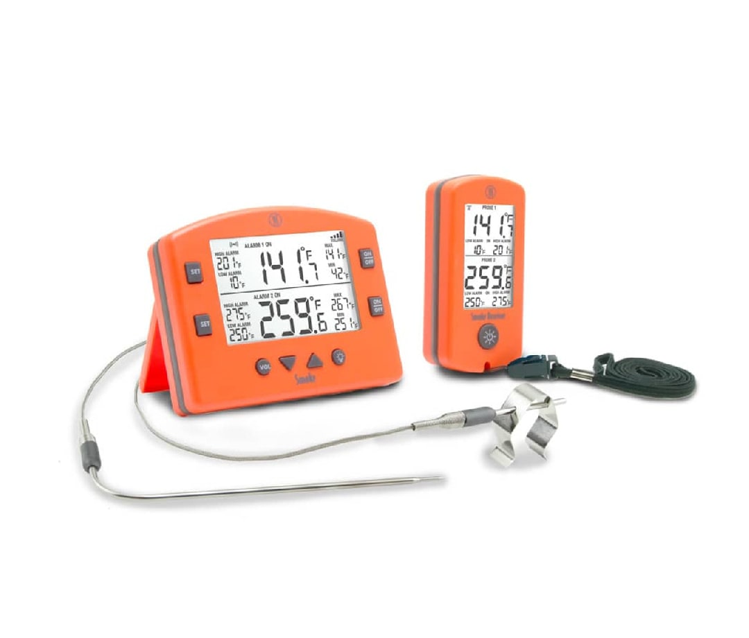 Orange ThermoWorks Smoke Thermometer on a white background.