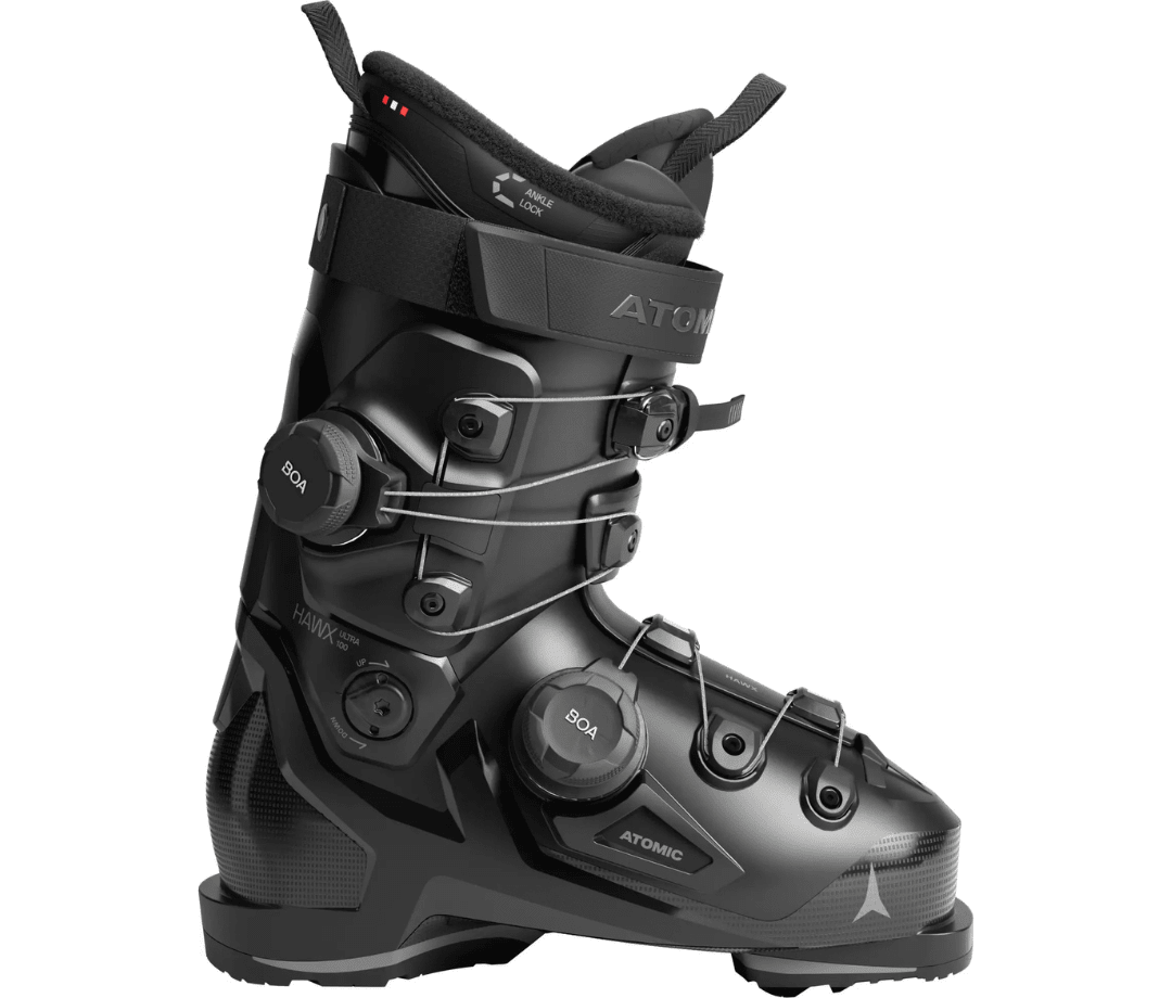Atomic Hawx Ultra 100 Dual BOA ski boots in black colorway, side view showing dual BOA closure system on a white background, part of Men's Journal annual Ski Awards gear reviews and best ski boots.