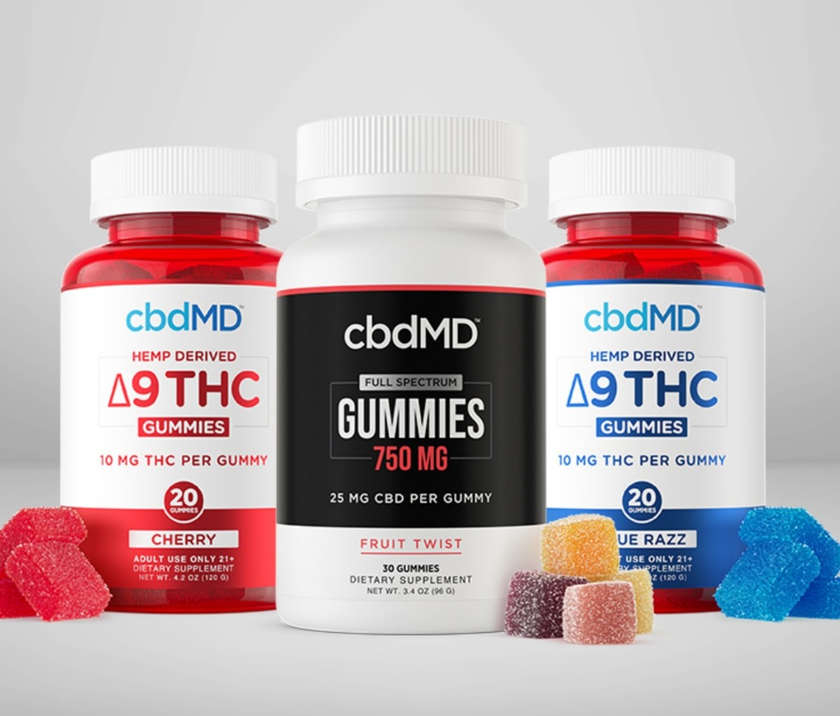 cbdMD gummies and bottles on a grey background