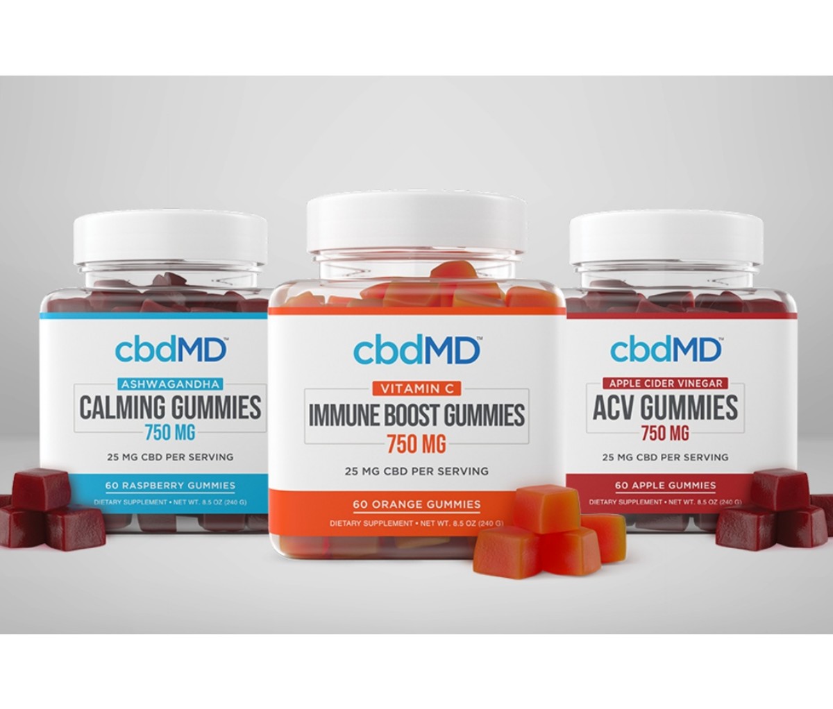 cbdMD gummies and bottles on a grey background