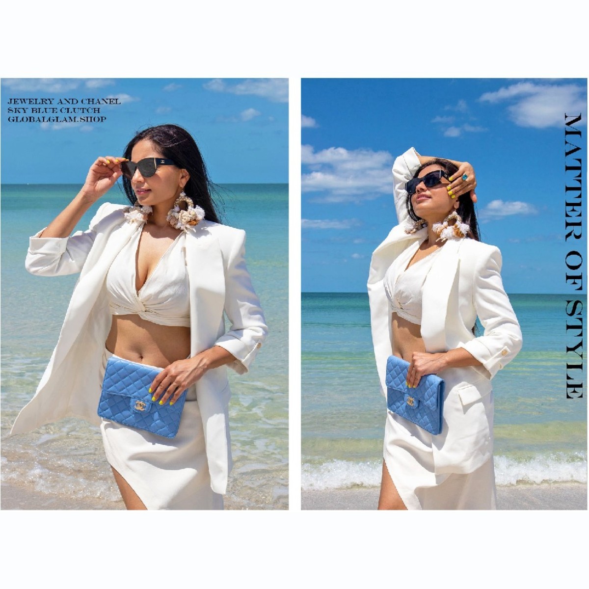 Christine Philip highlighting resort wear, including sky-blue Chanel bags.
