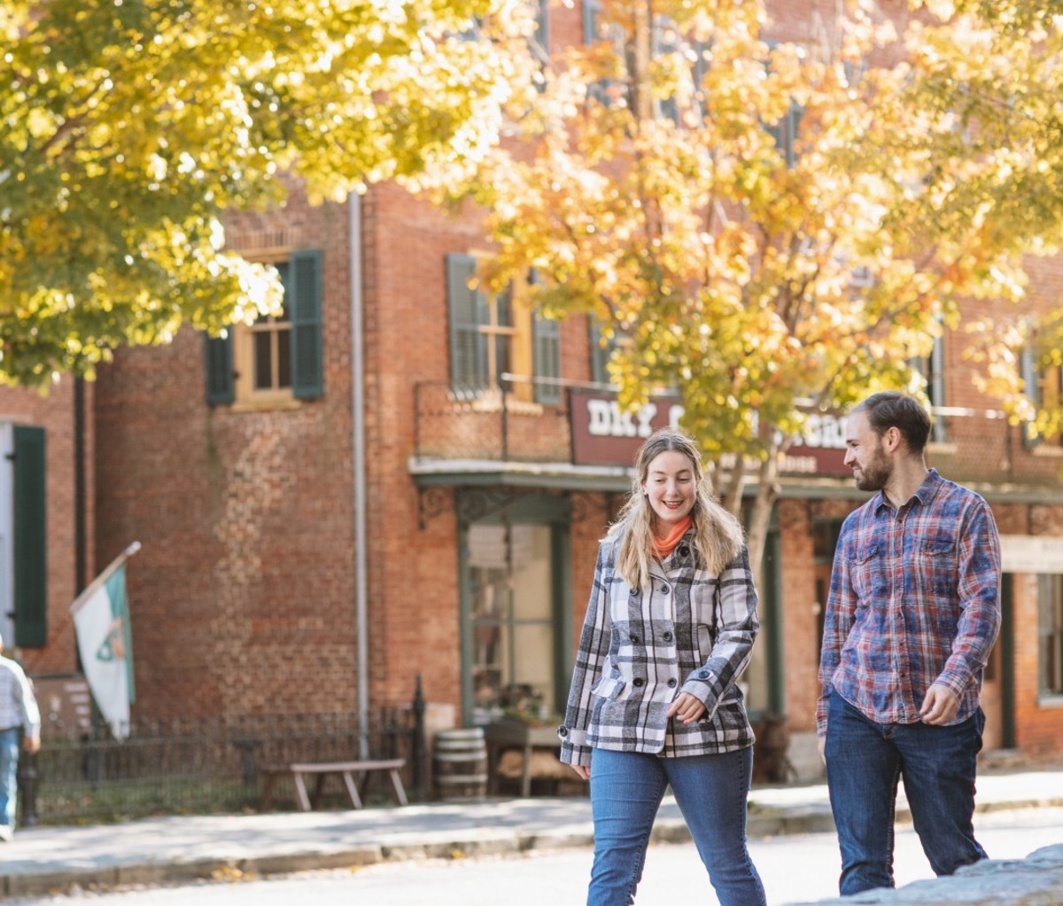 Couple walking through town