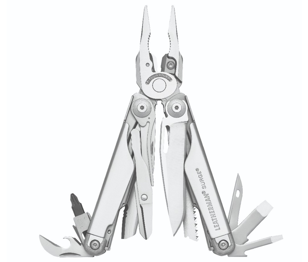 Leatherman Surge multi-tool, fanned.