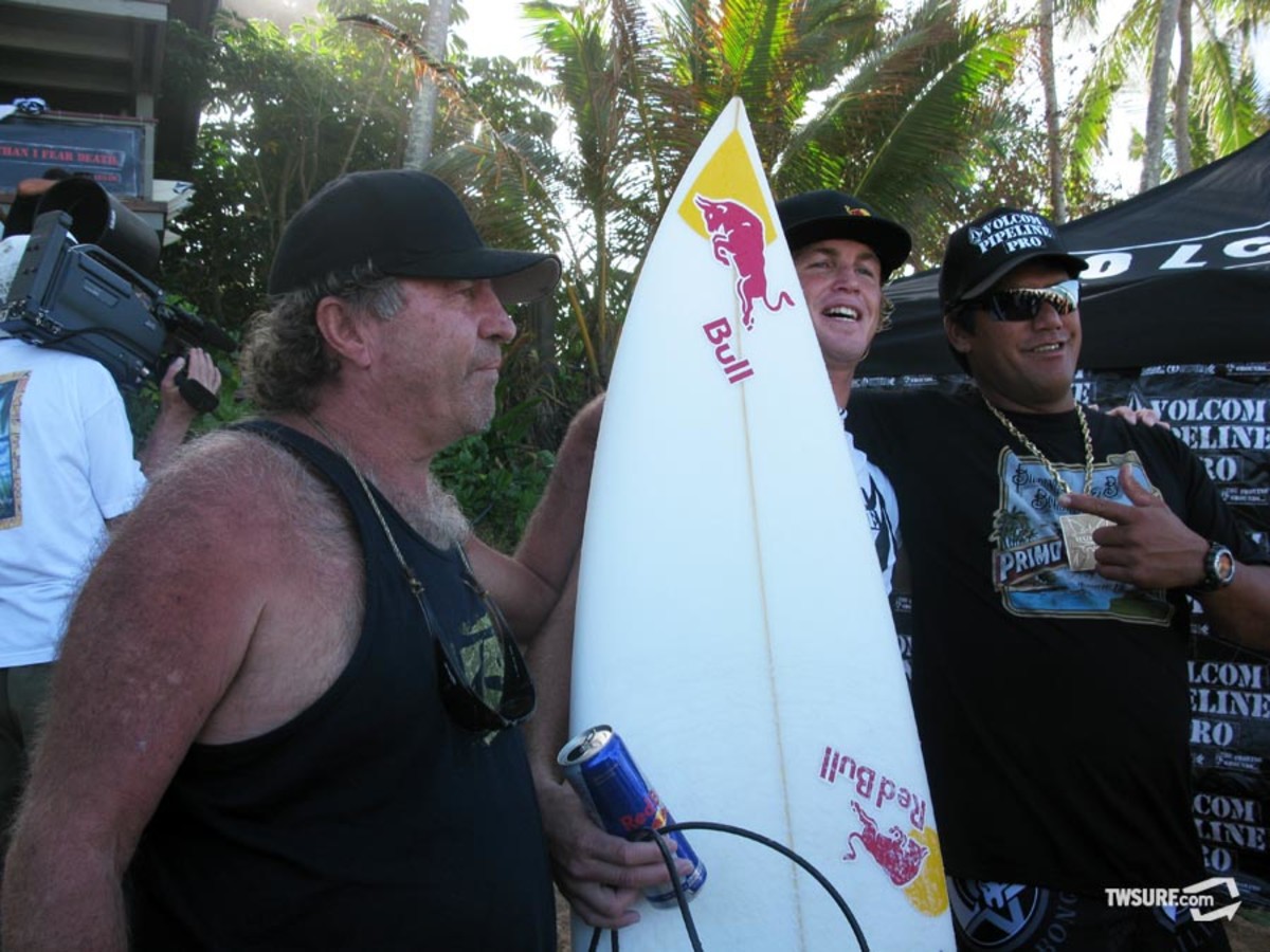 Jamie O'Brien Jamie with his proud father, Mick, and Rusty Keaulana. Photo: Coté