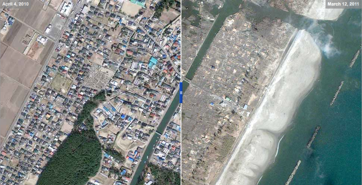 The town of Sendai before and after the earthquake and tsunami.