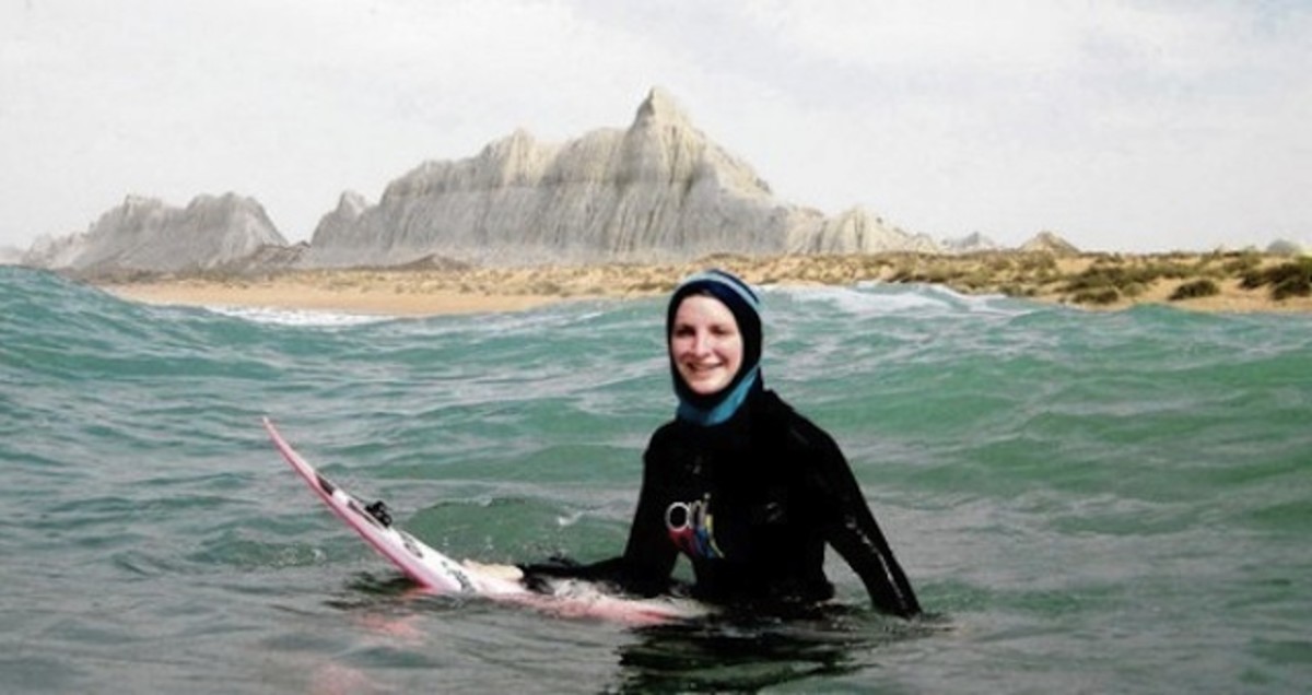 Easkey, wearing the modified hijab (head covering) while surfing in Iran. 