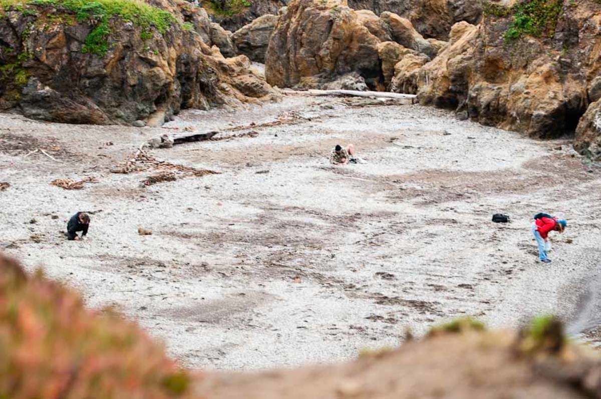 Three people look for sea glass; photo by Travis Burke Three people look for sea glass; photo by Travis Burke