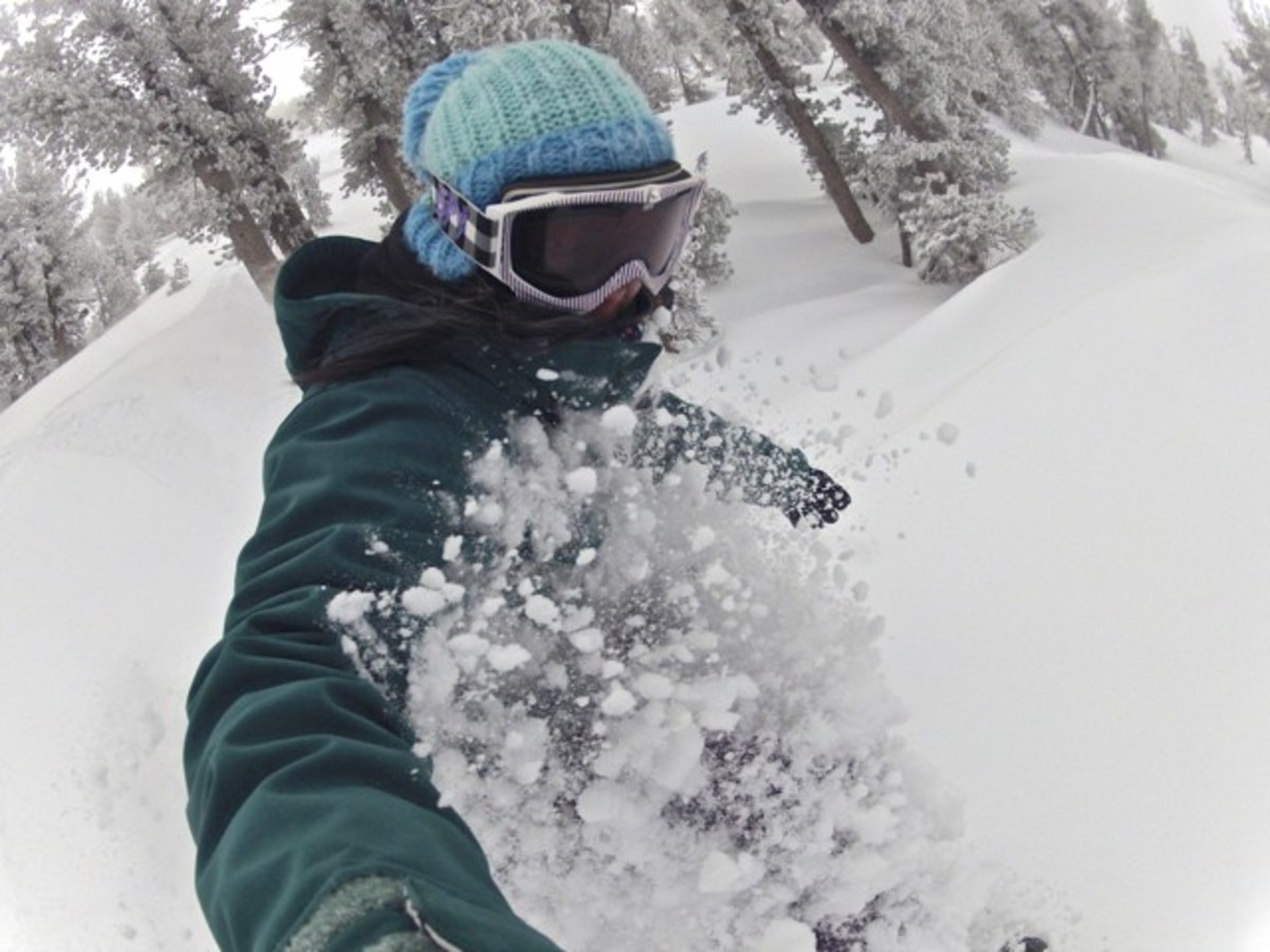 Kim Woo, snowboarding in Mammoth; photo by Kim Woo