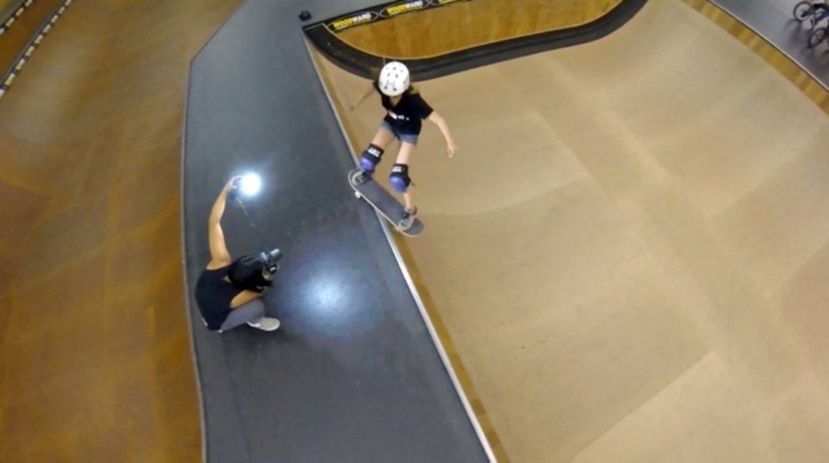 Kim Woo shooting pro skateboarder Allysha Bergado at Girls Week at Woodward West Skate Camp; photo by Kim Woo