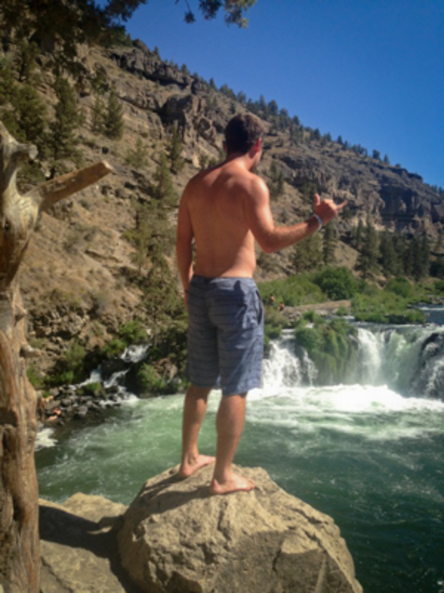 The author sending good vibes before sending Steelhead Falls; photo by Kip Krichko