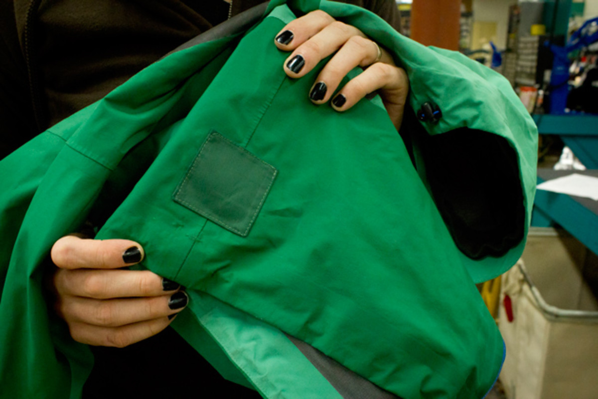 Some patched handiwork from the specialists at Rainy Pass Repair. Gore-Tex also makes adhesive patches that can be applied at home; photo by Kade Krichko