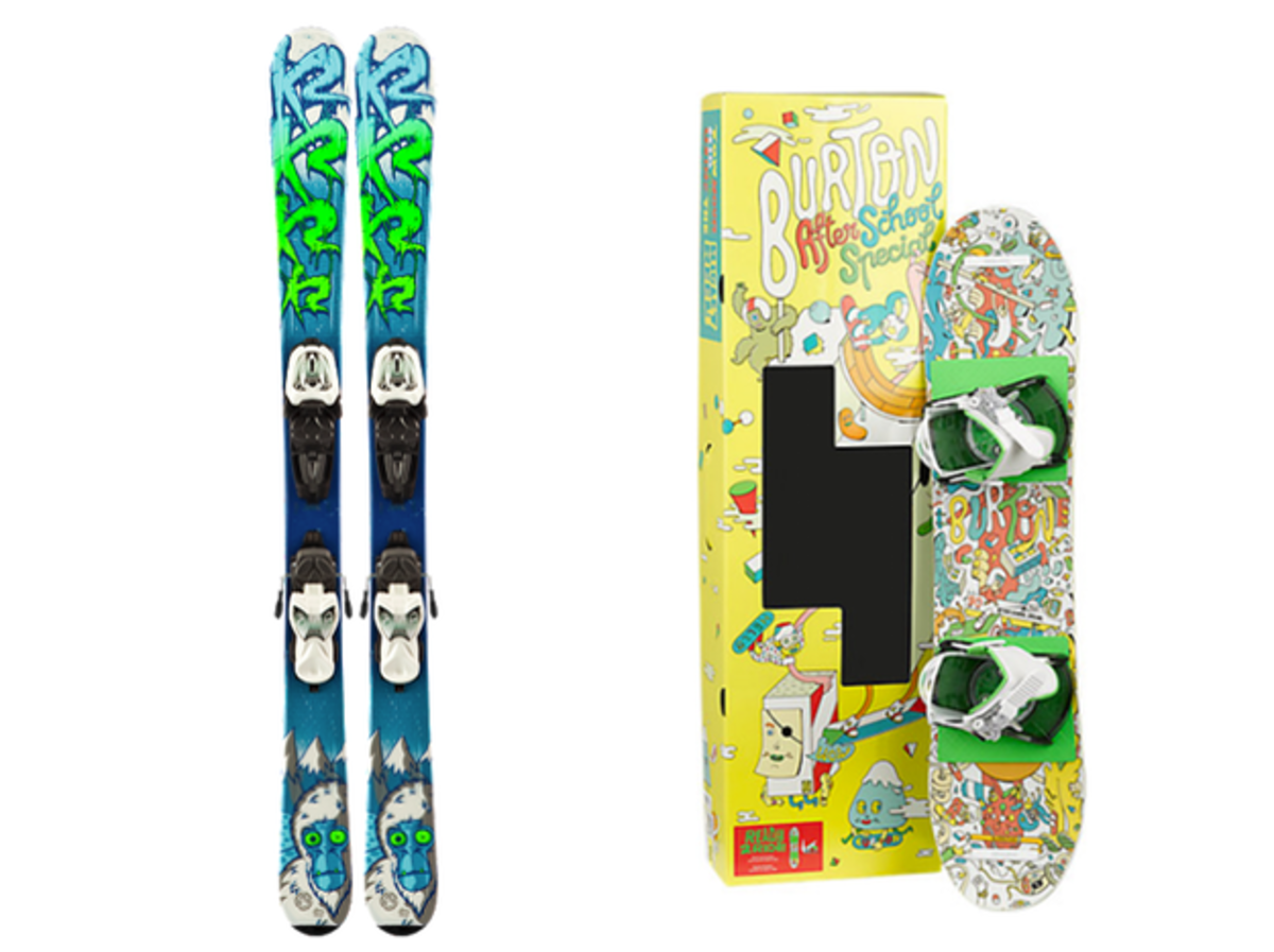 Getting your kids snowboarding and skiing: Package-deal skis and snowboards are a good deal for parents with growing kids.