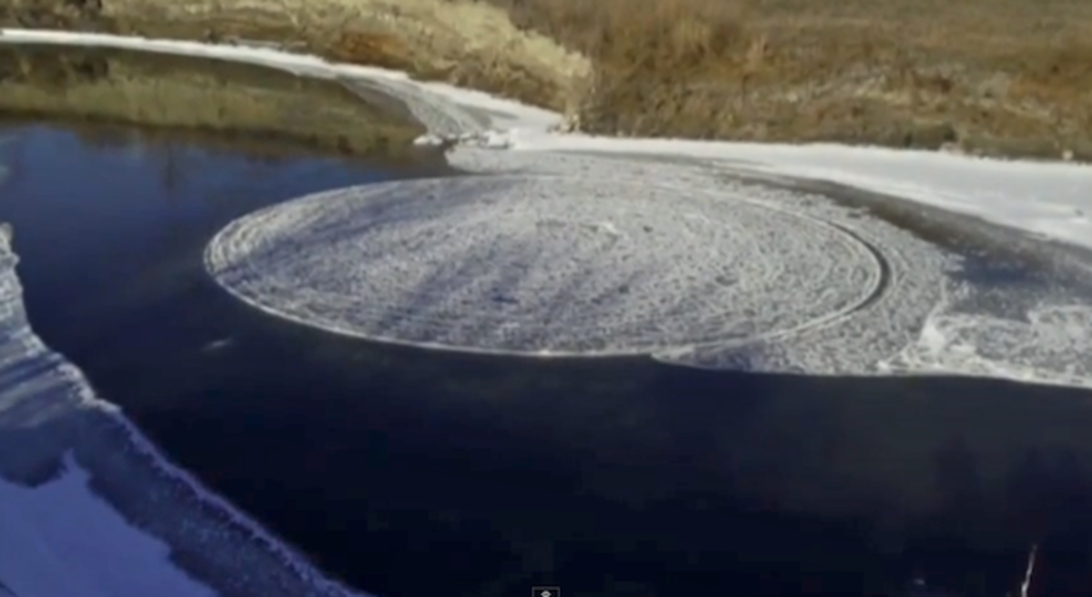 North Dakota's giant spinning ice circle; photo is a screen shot