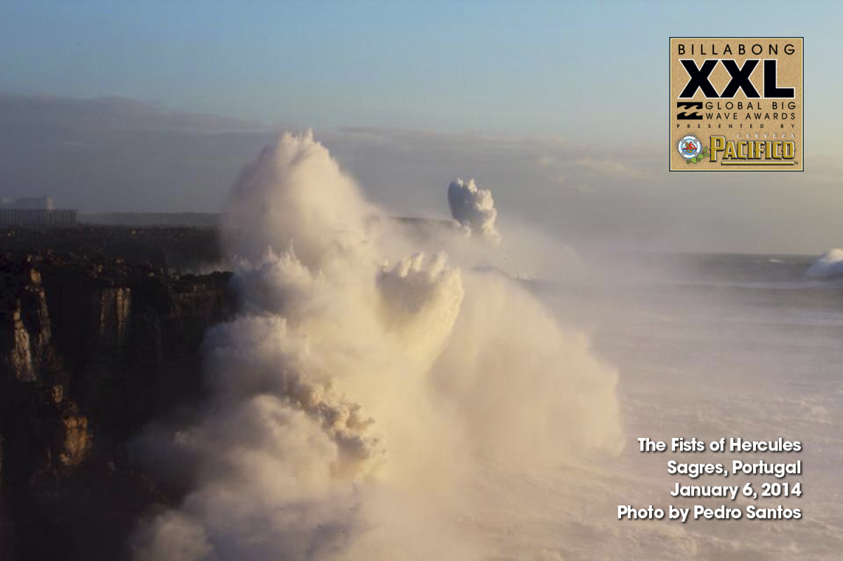 Look closely at this photo of waves slamming the coast of Portugal and you can see the fists of Hercules. Unfortunately, the swell was a little messy at Nazare, where some surfers were hoping to score.