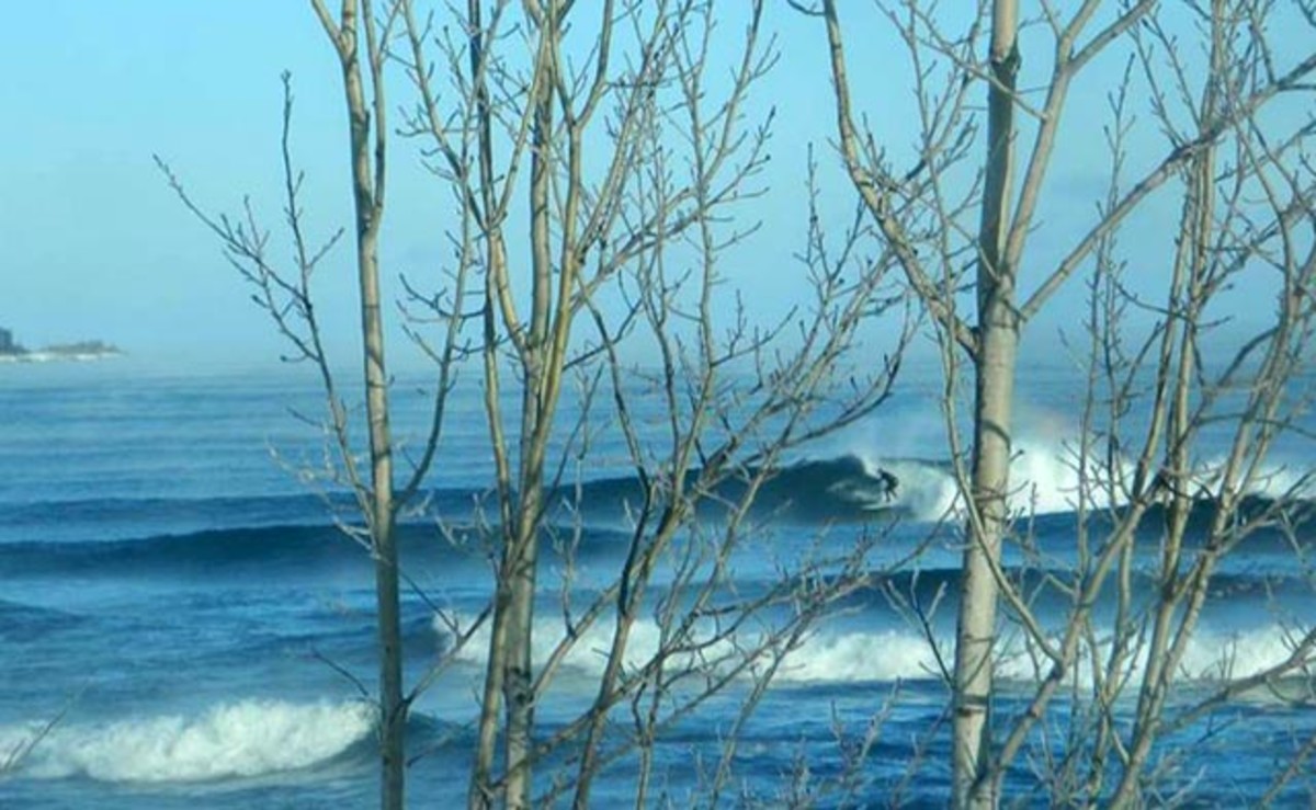 Will Wall surfing at Stoney Point, Lake Superior. Photo: Burton Hathaway