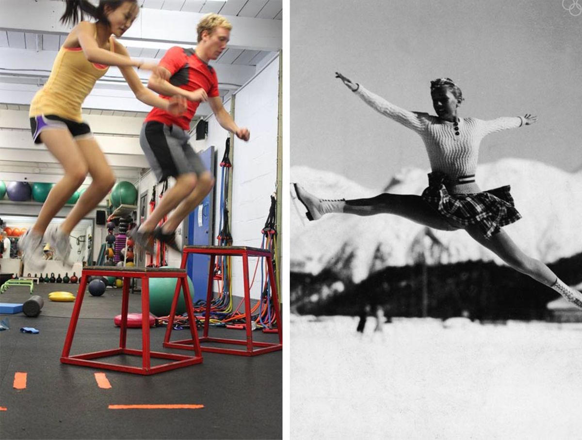 Training with Ice Dynamics (left), German skater Maxi Herber practives her jumps; Photos courtesy of Dynamics and FPG/Getty Images