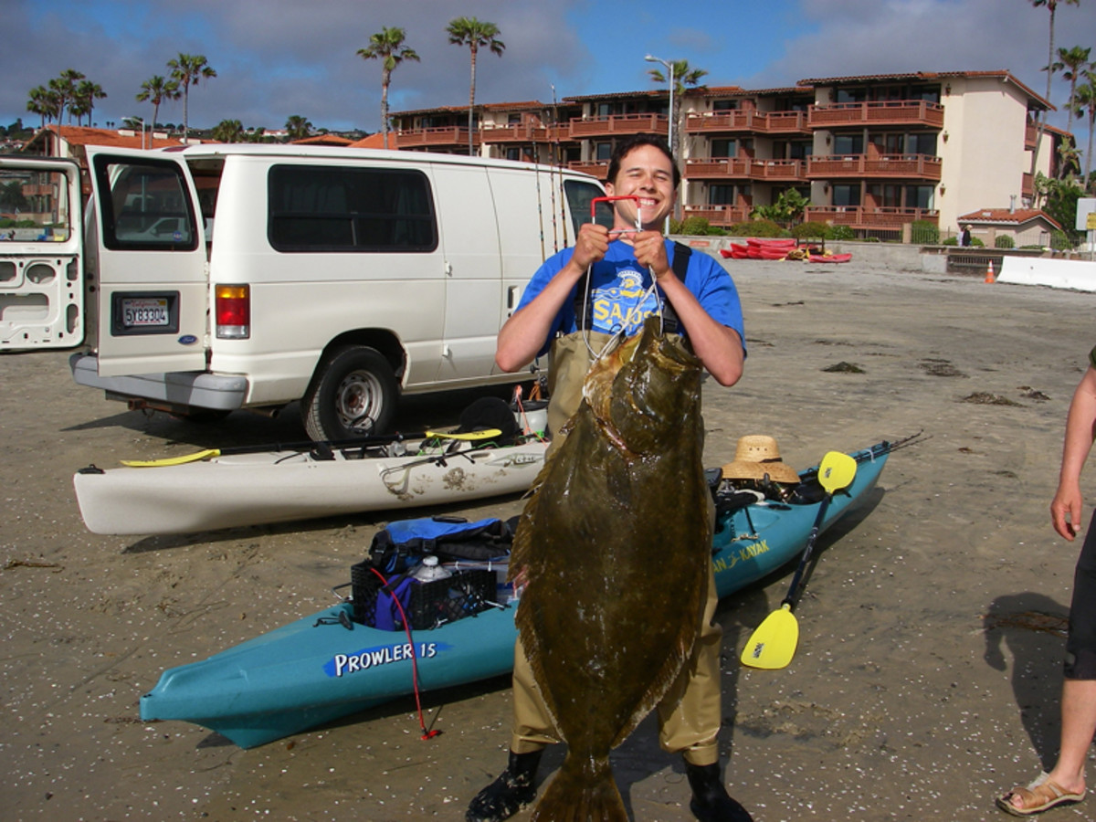 Record setter: 53 pounds of kayak-caught La Jolla flattie and a smiling Nick Underwood.