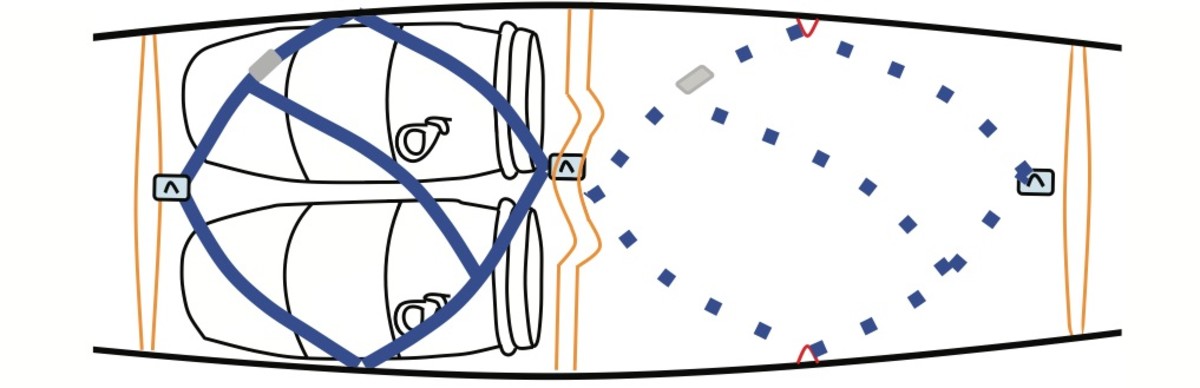 A close-up of the diamond rig. Note that the cam strap is threaded through four D-rings—two on the bottom of the hull and two at the gunwales.