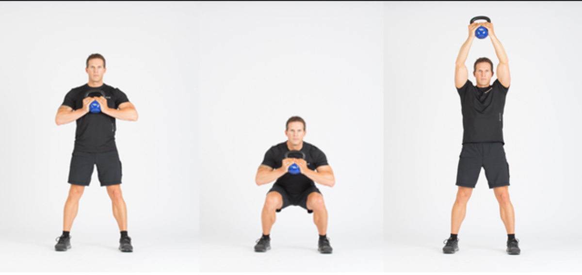 KettleWorX lead trainer Alex Isaly performing the squat with shoulder press. Photo courtesy of KettleWorx.