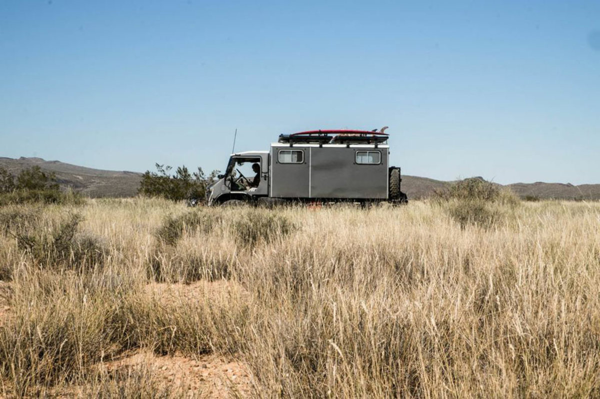 Roth's Unimog has taken him and his fiance, Kathryn West, from the Mojave desert to football games at the University of Southern California; Photo by Roth