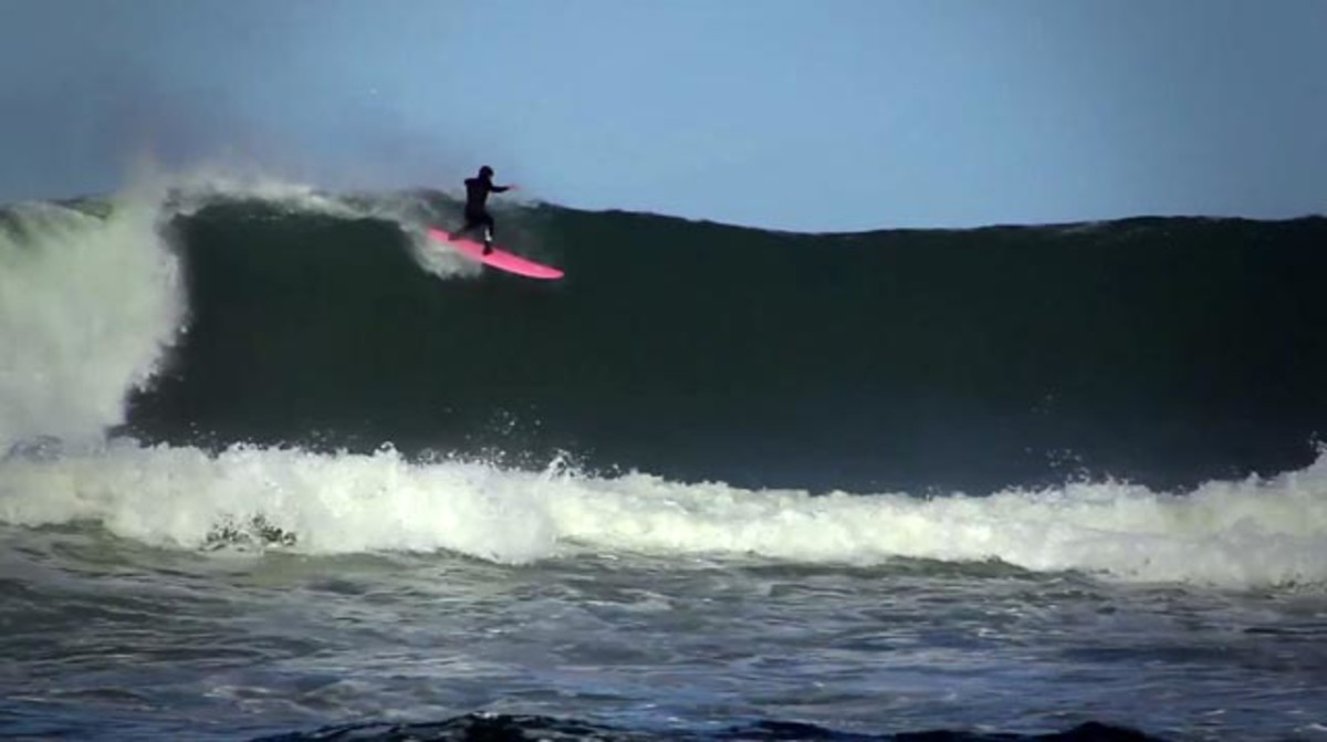 Ryan Burch takes the high line at Mundaka on his self-shaped asymmetrical surfboard; frame grab courtesy of korduroy.tv