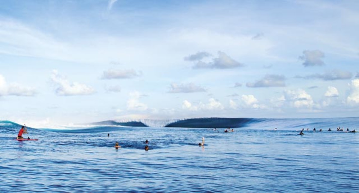 Teahupoo in Tahiti is one of the world's best quick-strike south-swell surf spots; photo courtesy Jimmy Wilson/Surfing magazine