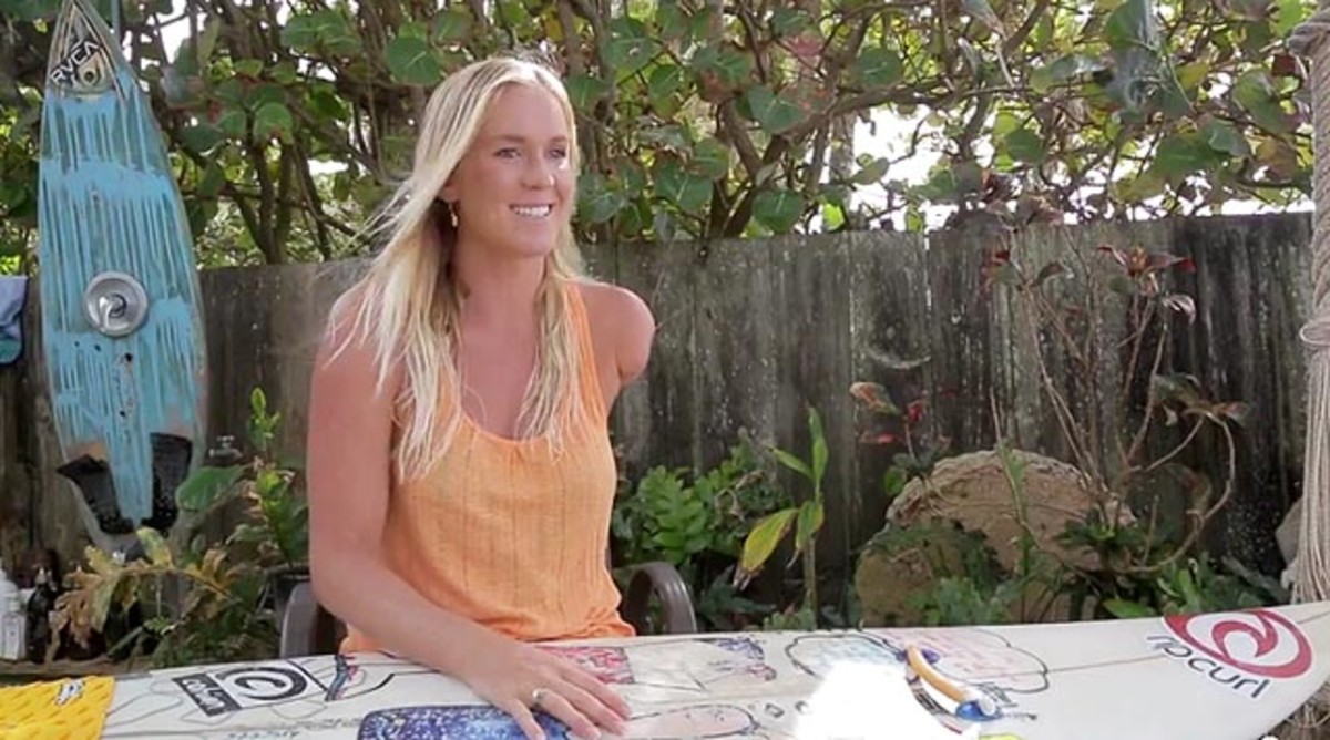 Bethany Hamilton explains how she surfs after losing her arm to a shark when she was 13; frame grab courtesy Aaron Lieber