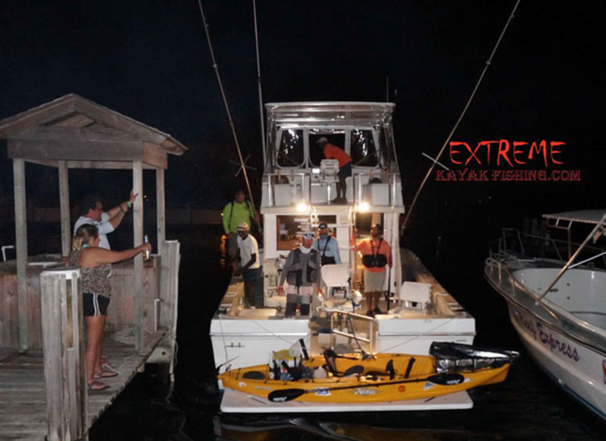 Back at the dock: Matt Eckert arrives late at night after all the Battle in the Bahamas prizes have been awarded.