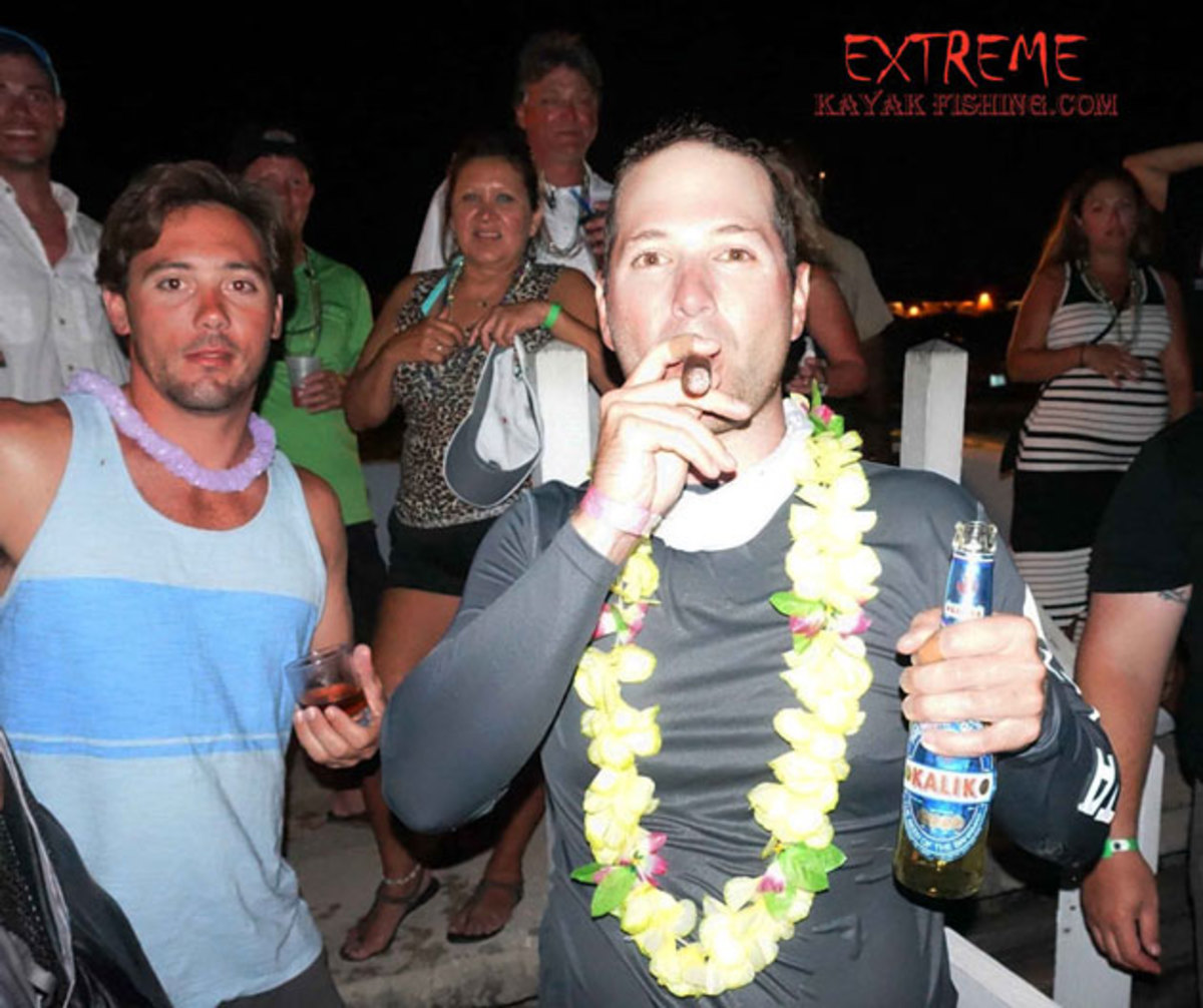 Time to celebrate: By Extreme Kayak Fishing Tournament rules (and many other marlin catch and release standards), Matt Eckert's leader touch signified a catch. That's worth a stogie and brew.
